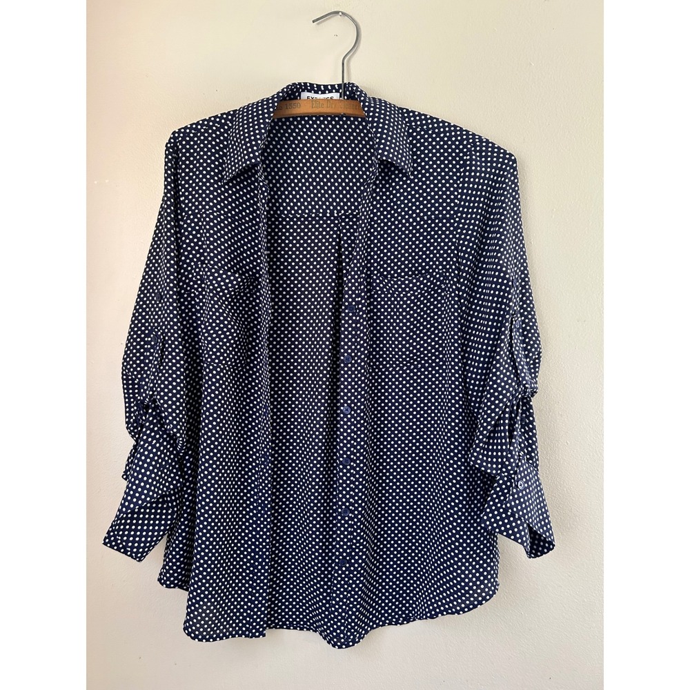 Express The‎ Portofino Shirt Navy White Polka Dot Blouse XS Scandinavian Office